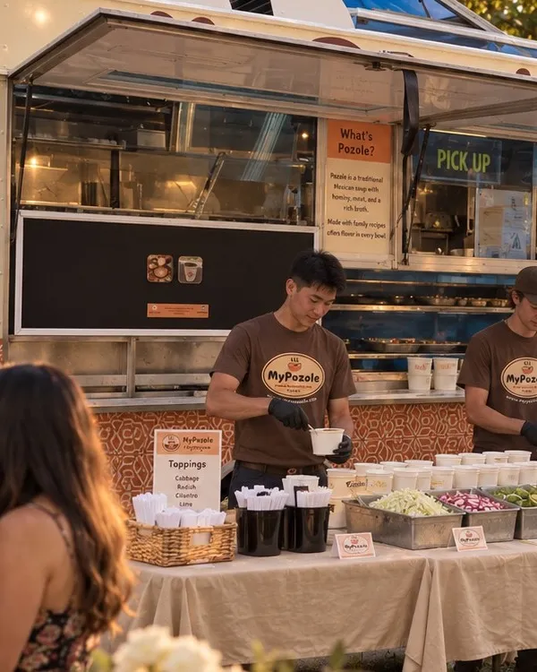 MyPozole food truck serving guests at an outdoor wedding reception.