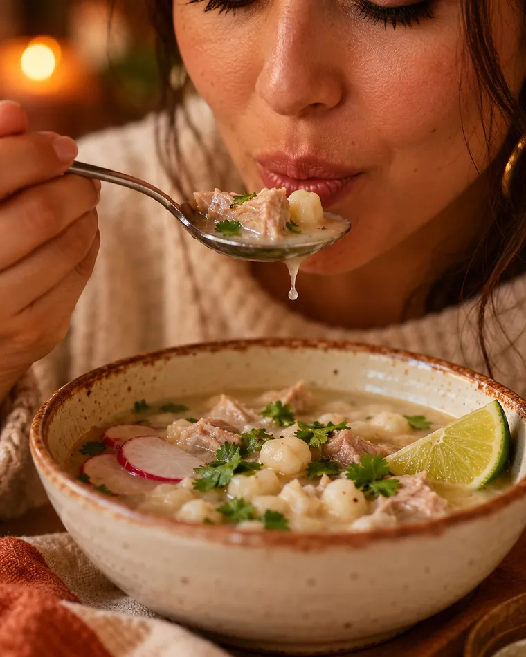 Close-up of someone eating a bowl of MyPozole at home.