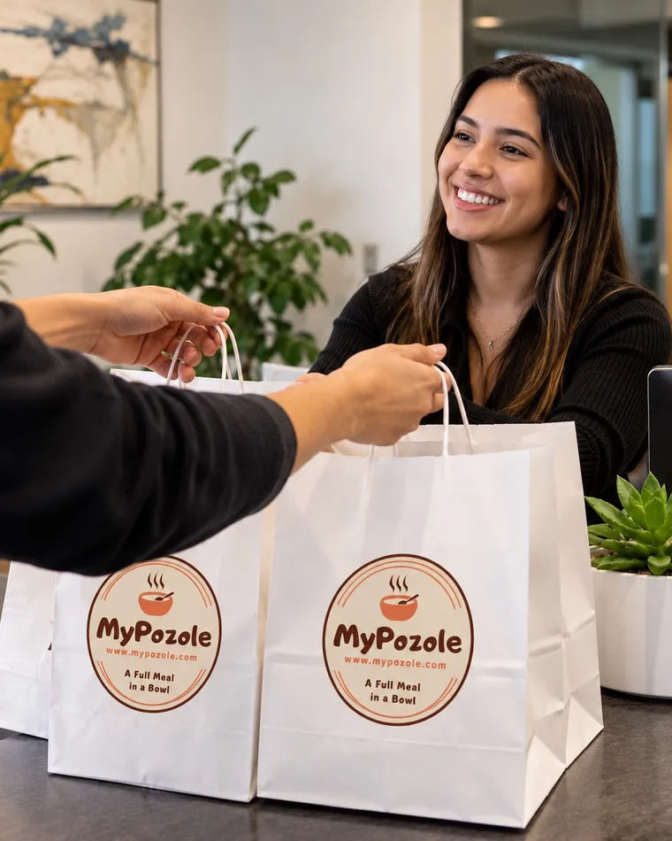 A MyPozole catering bag being handed off at an office front desk.