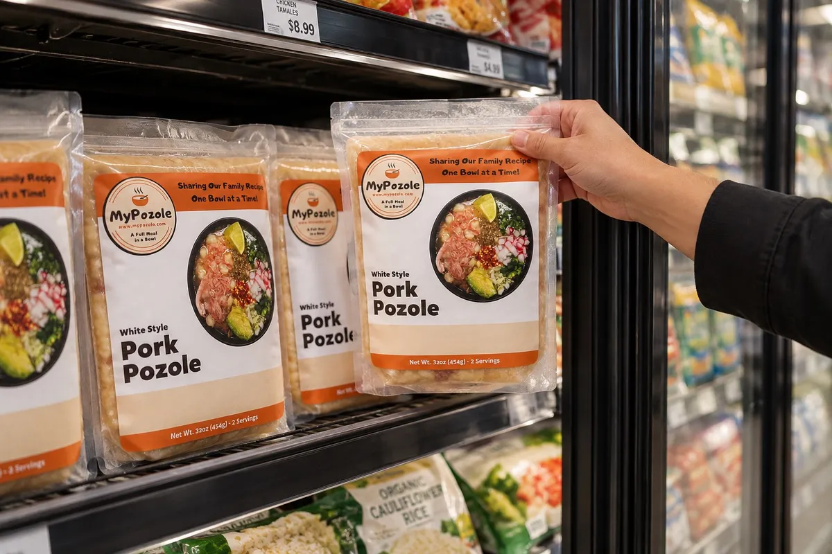 MyPozole Pork Pozole pouch on a grocery store freezer shelf.